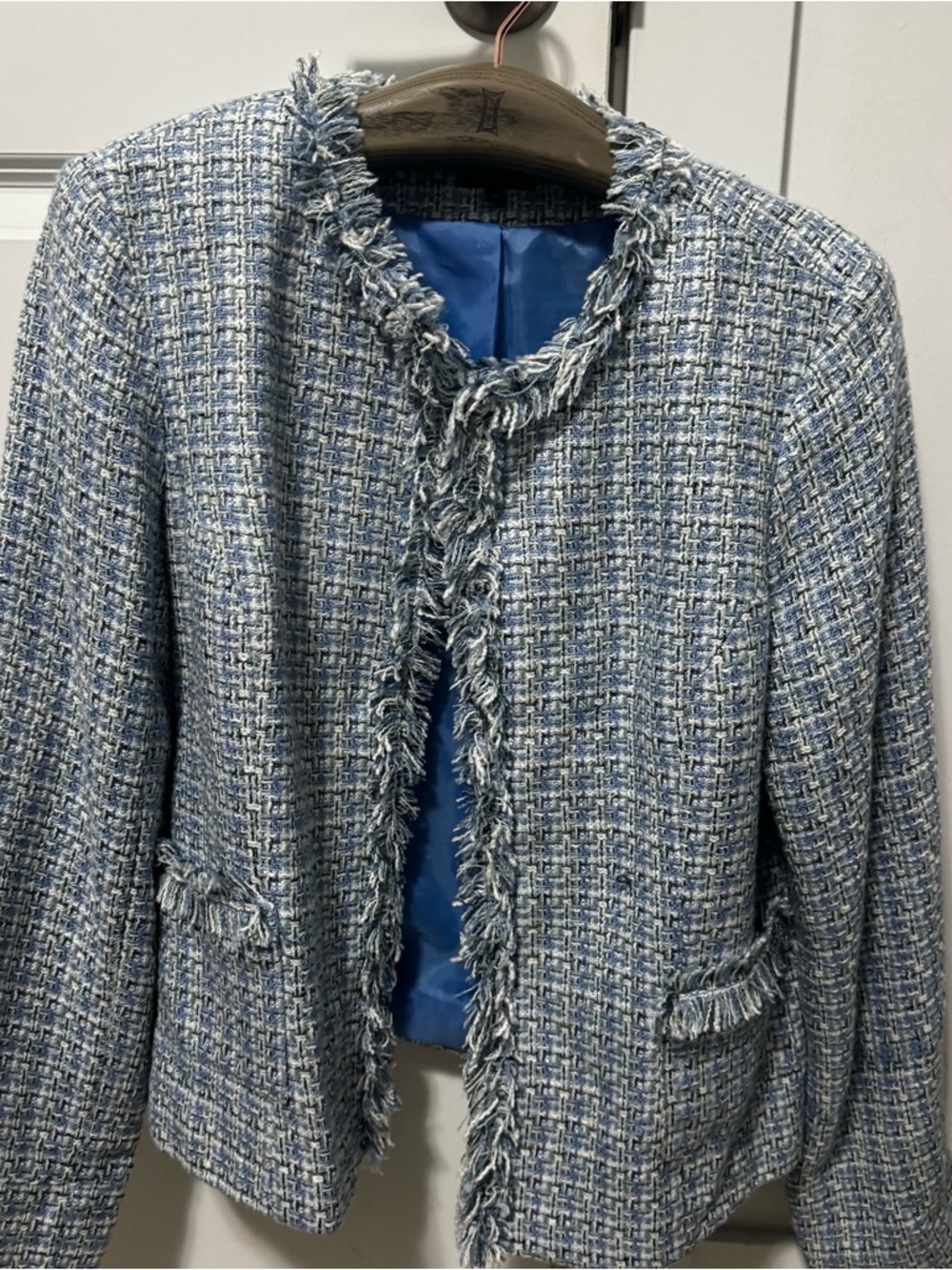 Reitmans Light Blue Tweed Fringe Jacket